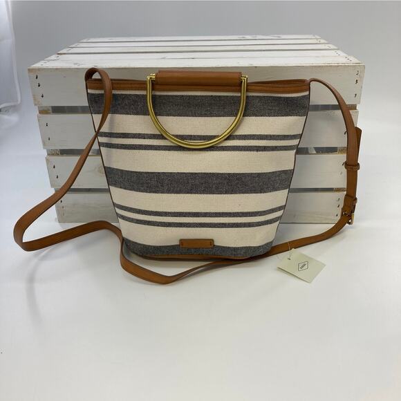 FOSSIL SMALL STRIPED CANVAS AND LEATHER CROSSBODY BAG (ASIS) - Picture 1 of 11